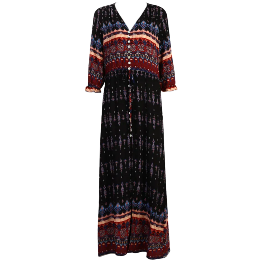 Robe longue à col en V de style bohème
-Noir/XXL - Ozerty