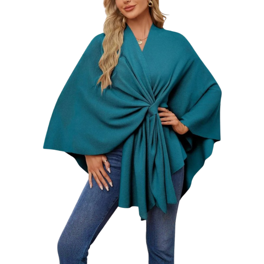Veste poncho tricoté chic pour femme -Bleu canard - Ozerty