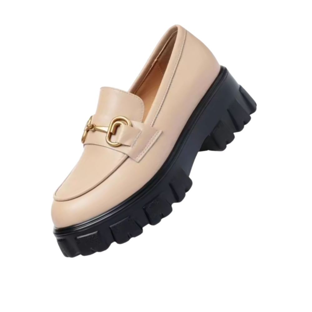 Mocassins en cuir élégants à semelles épaisses -Beige - Ozerty