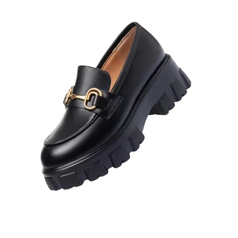 Mocassins en cuir élégants à semelles épaisses -Noir mat - Ozerty