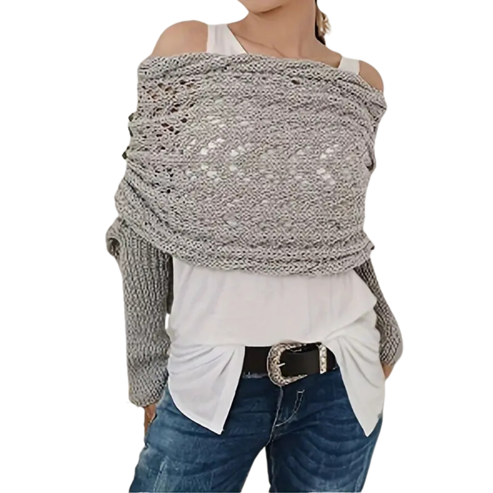 Chandail douillet en tricot avec épaules découvertes -Gris clair - Ozerty