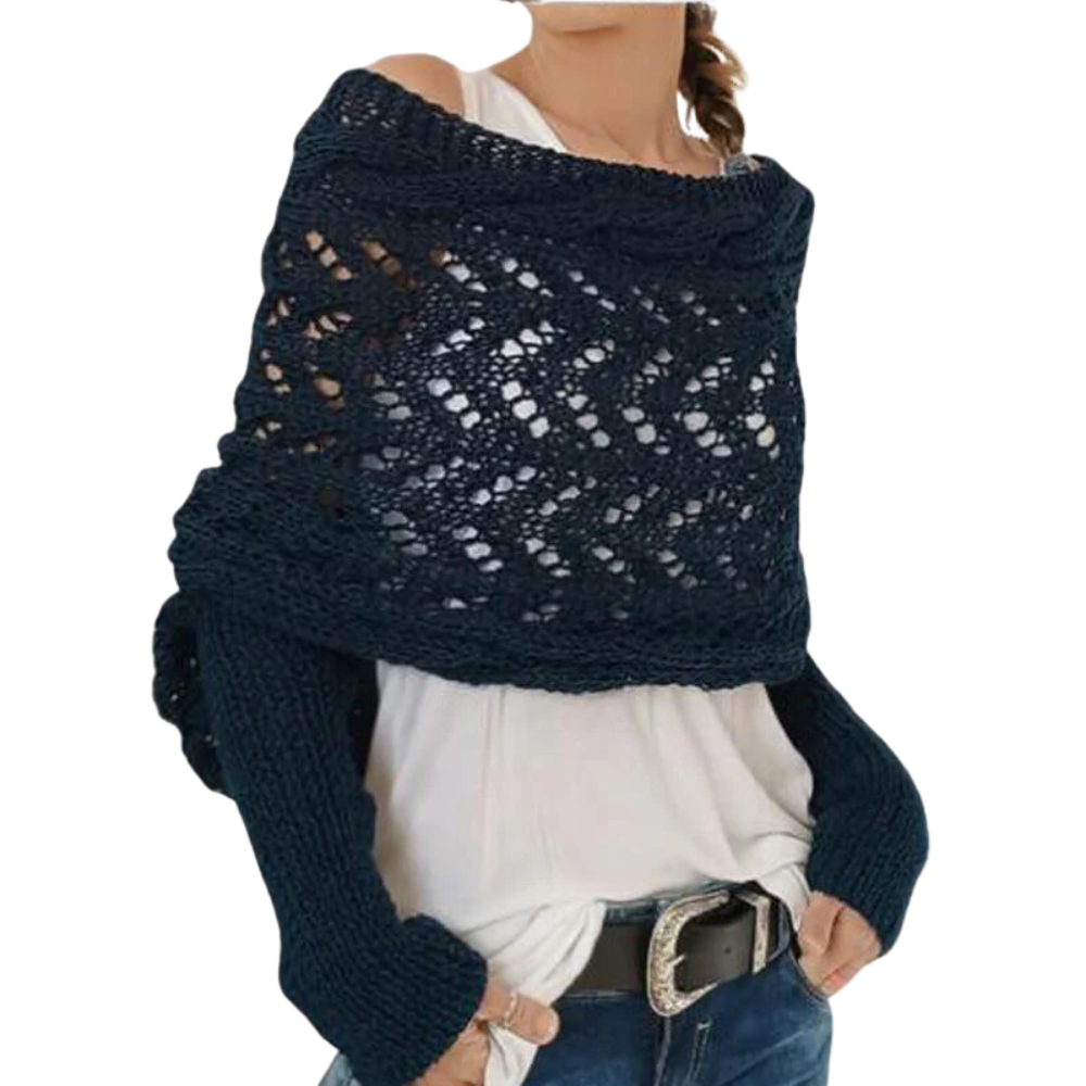 Chandail douillet en tricot avec épaules découvertes -Bleu marine - Ozerty