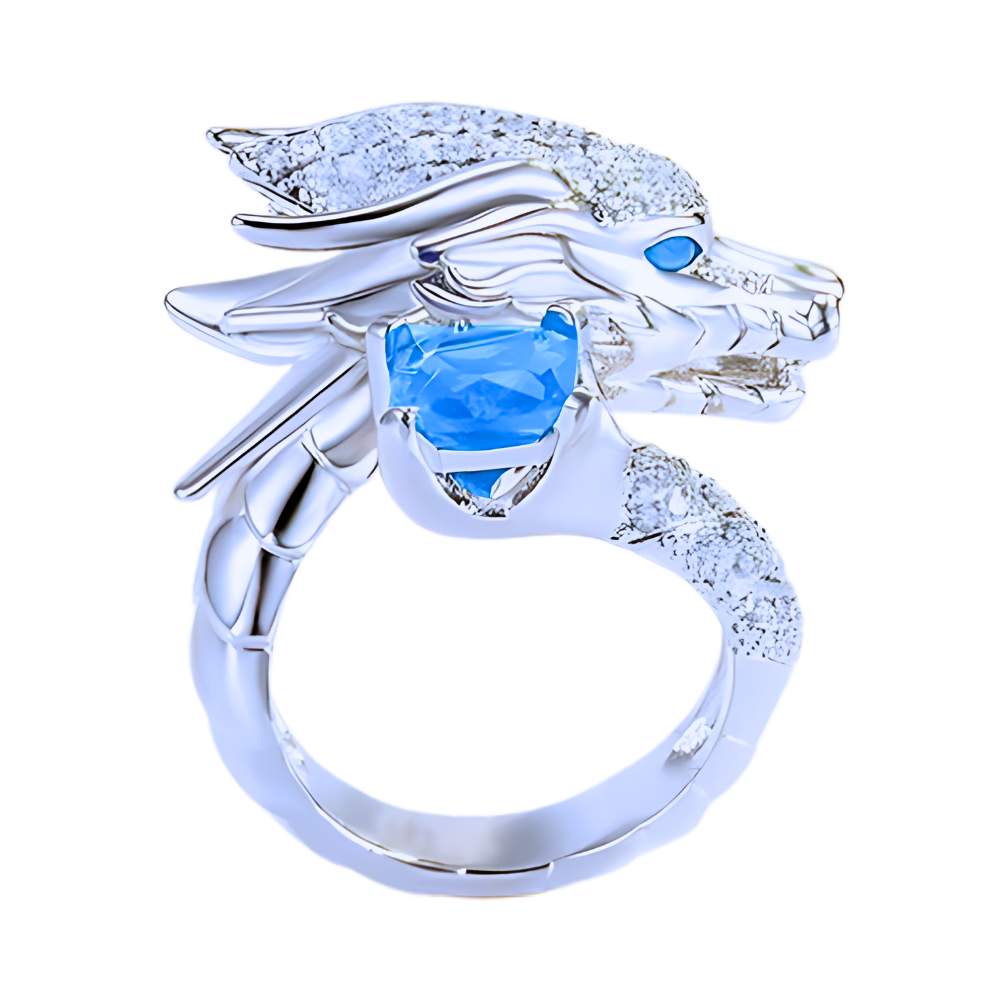 Bague artisanale unique en argent en forme de dragon -Bleu - Ozerty