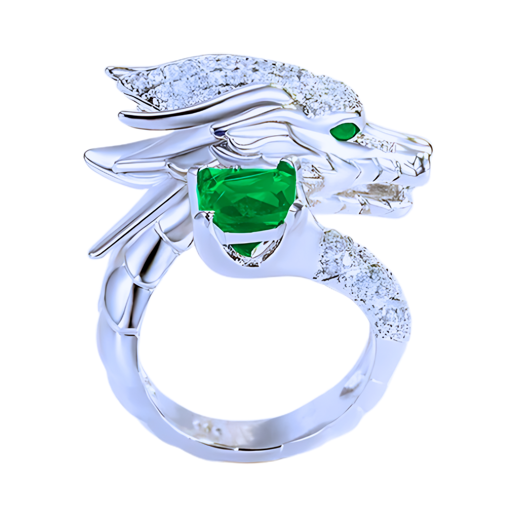 Bague artisanale unique en argent en forme de dragon -Vert - Ozerty