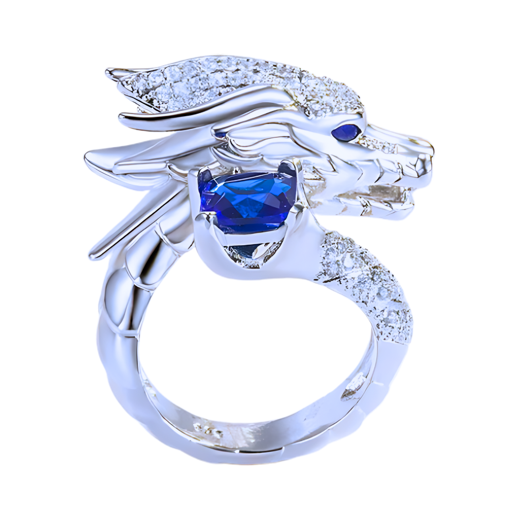 Bague artisanale unique en argent en forme de dragon -Bleu marine - Ozerty
