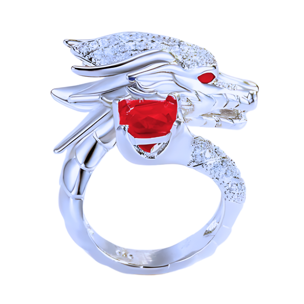 Bague artisanale unique en argent en forme de dragon -Rouge - Ozerty
