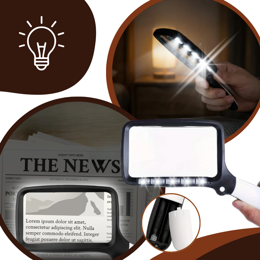 Loupe de lecture rectangulaire large avec éclairage LED intégré - Ozerty