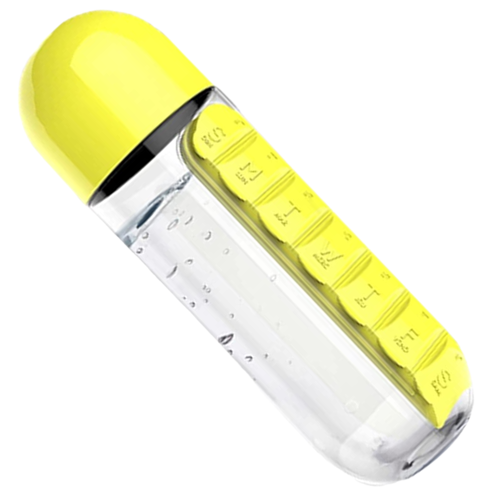 Bouteille d'eau en plastique avec pilulier -Jaune/ - Ozerty