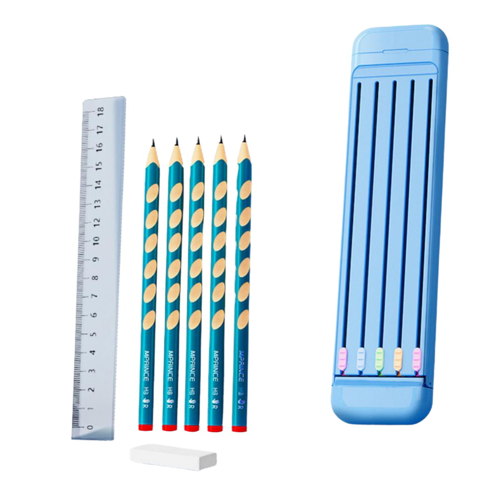 Trousse à crayons rigide avec crayons et règle -Bleu/ - Ozerty