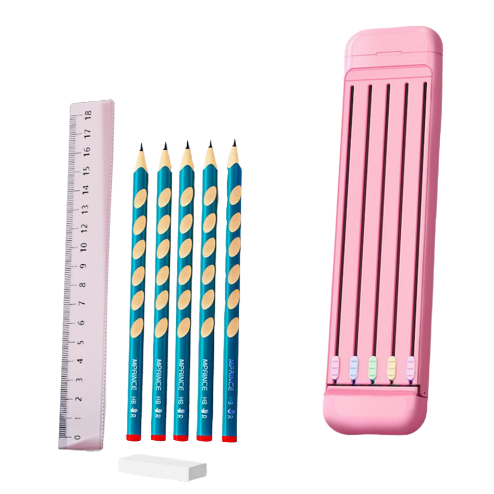 Trousse à crayons rigide avec crayons et règle -Rose/ - Ozerty