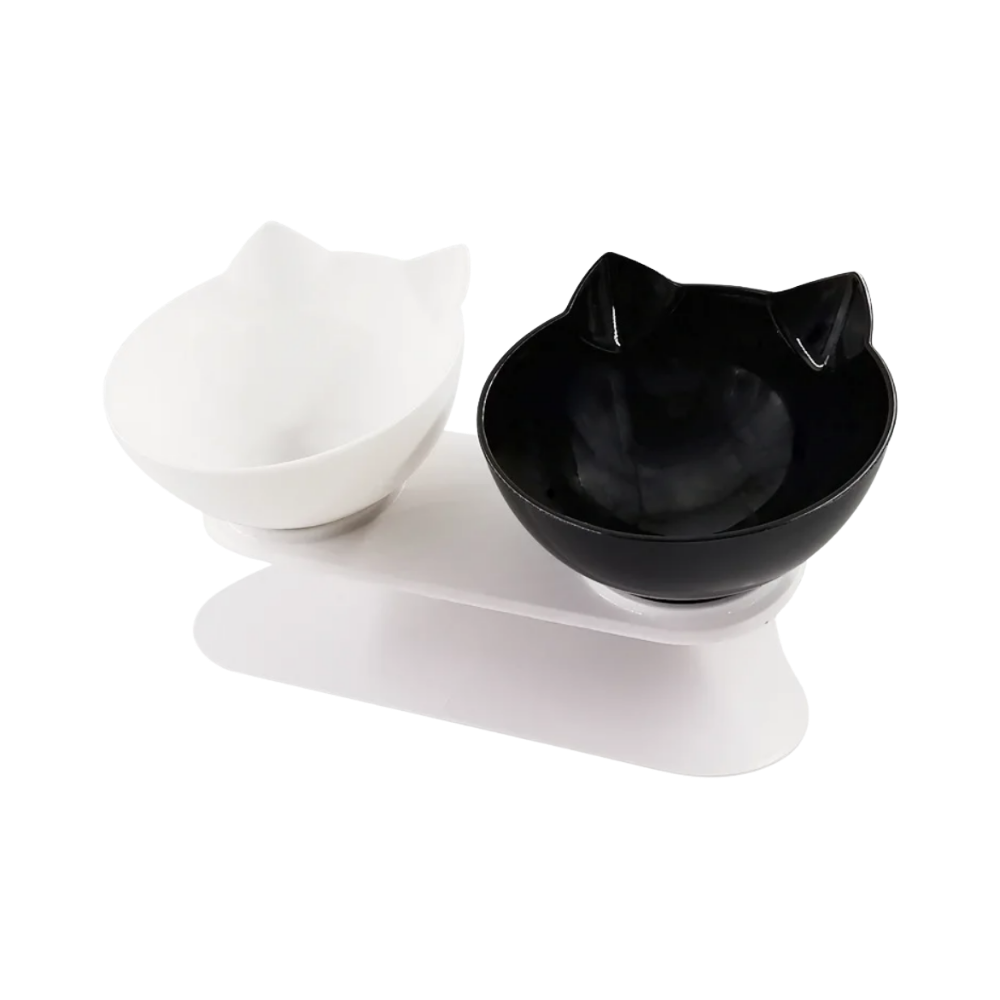 Bol confort surélevé pour chats -Blanc noir/Double - Ozerty
